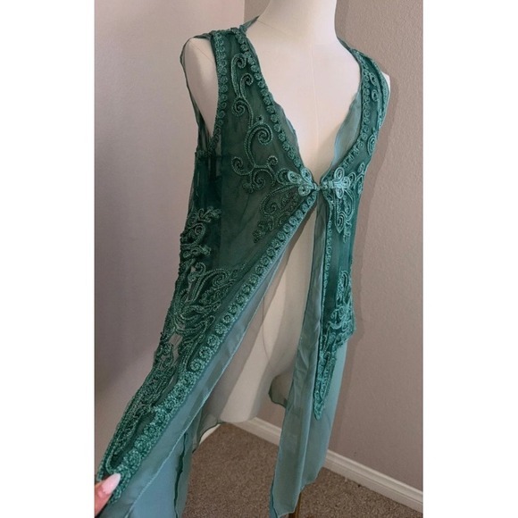 Pretty Angel Jackets & Blazers - Pretty Angel Embroidered Sheer Vest Women Small Teal Green Boho Layering